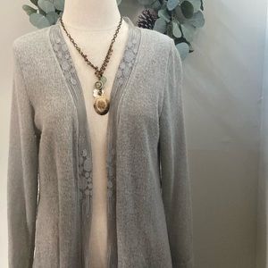 Long Cardigan Duster with lace details, size M,  light gray silver color, EUC